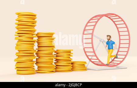 Impiegato che corre in un loop su una ruota del criceto. Concetto di corsa di ratto di affari. 3D rendering Foto Stock