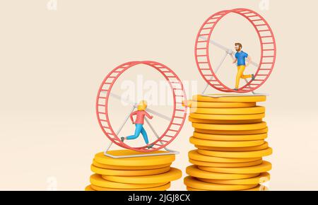 Impiegato che corre in un loop su una ruota del criceto. Concetto di corsa di ratto di affari. 3D rendering Foto Stock