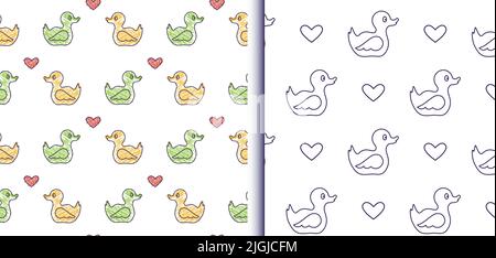 Duck Toy outline motivi senza giunture, collezione di 2. Simpatiche silhouette decorative per uccelli, forme del cuore. Sfondo trasparente della griglia geometrica. Vettore Illustrazione Vettoriale