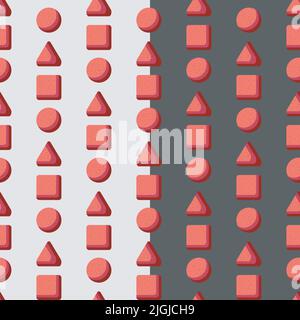 Forme geometriche ripetizione senza giunture. Una griglia di forme triangolari, circolari, quadrate. Stile bizzarro, design a trama piatta, tavolozza di colori rosa e rosso Illustrazione Vettoriale