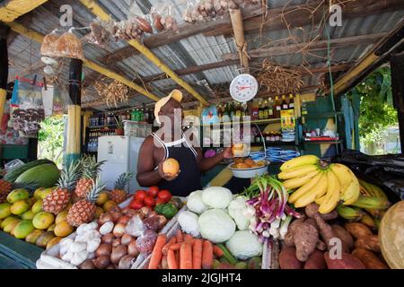 Giamaica, poco prima di Morant Bay un uomo sta avendo una bancarella di verdure e frutta lungo la strada. Foto Stock