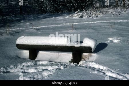 Una panca coperta di neve dove qualcuno era seduto su un lato, a Mörrumsån. Foto Stock