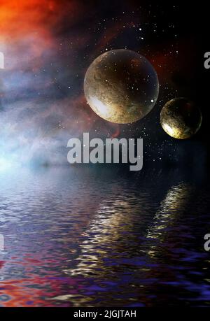 Un'immagine di un mondo strano con pianeti strani. Un'immagine di un mondo strano con pianeti strani. Foto Stock