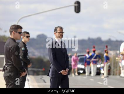 Brasilia, Distrito Federale, Brasile. 11th luglio 2022. (INT) arrivo cerimonia del Presidente dell'Ungheria al Palazzo Planalto. 11 luglio 2022, Brasilia, Distretto Federale, Brasile: Cerimonia ufficiale di arrivo di sua Eccellenza Katalin Novak, Presidente di Ungheria al Palazzo Planalto e ricevuto dal Presidente del Brasile Jair Bolsonaro, a Praca dos Tres Poderes, in Brasilia (DF) .Credit: Federico Brasil/TheNews2 (Foto: Frederico Brasil/TheNews2/Zumapress) (Credit Image: © Frederico Brasil/TheNEWS2 via ZUMA Press Wire) Foto Stock