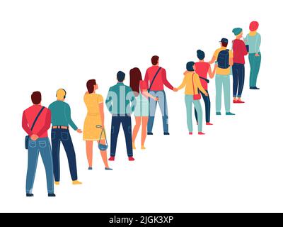 Coda persone. Vista posteriore della linea in attesa. Uomini o donne in fila. Gruppo di clienti. Persone che accodano alla cassa del negozio o al terminal. Comunità studentesca Illustrazione Vettoriale