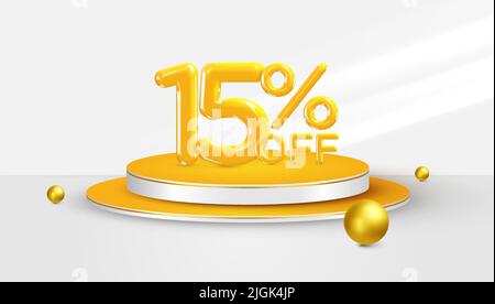 15% di sconto. 3D simbolo di bonus del quindici per cento su un palco del podio. Vendita banner o poster design. Illustrazione vettoriale. Illustrazione Vettoriale