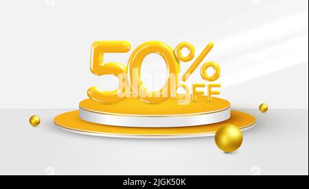 50% di sconto. 3d simbolo di bonus del cinquanta per cento su un palco del podio. Vendita banner o poster design. Illustrazione vettoriale. Illustrazione Vettoriale