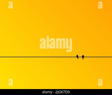 Natura paesaggio design concetto di due uccelli seduti su una silhouette di filo isolato su sfondo giallo - illustrazione vettoriale Illustrazione Vettoriale