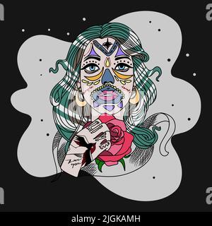 Una bella ragazza in stile Chicano, con un tatuaggio, tiene una rosa, un'iscrizione in mano, gioielli sul viso, piercing, uno sfondo scuro Illustrazione Vettoriale