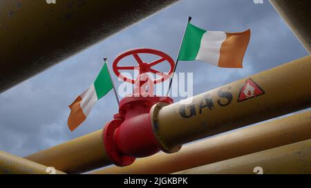 Valvola sul principale gasdotto Irlanda, gasdotto con bandiere Irlanda, tubi di gas in Irlanda, importazione di gas in Irlanda, lavoro 3D e immagine 3D Foto Stock