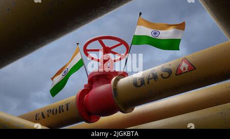 Valvola sul principale gasdotto India, gasdotto con bandiere India, tubi di gas dall'India, esportazione di gas dall'India, 3D lavoro e 3D immagine Foto Stock