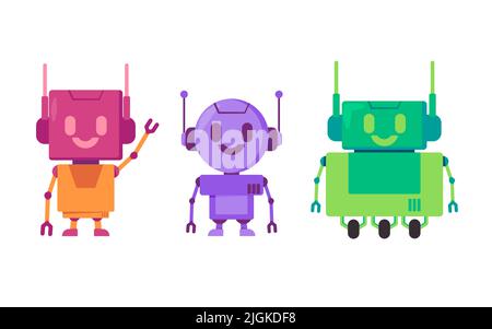 Amichevole robot clipart collezione di umanoide colorato cartoon illustrazione giocattoli per bambini Illustrazione Vettoriale