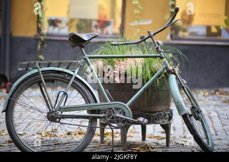 Bicicletta su un parcheggio in città. Fuori dall'edificio si trova una vecchia bicicletta d'epoca, appoggiata a un letto di fiori all'esterno. Concetto di trasporto ecologico Foto Stock