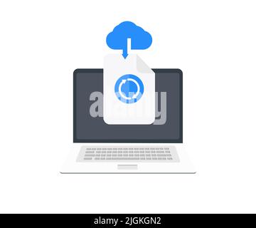 Laptop con storage cloud, logo di scambio di informazioni design.Hosting, tecnologia, gestione di rete, sincronizzazione dati, database, accesso remoto. Illustrazione Vettoriale