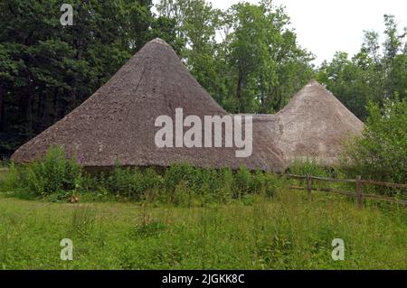 Bryn Eryr Iron Age Roundhouse. Il Villaggio Celtico. Case rotonde celtiche. Vista di St Fagans. Luglio 2022. Estate Foto Stock