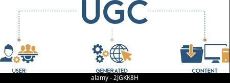 UGC banner Web icona concetto di illustrazione vettoriale per contenuti generati dall'utente con icona e simbolo di persone, rete, processo, motore, clic, internet Illustrazione Vettoriale