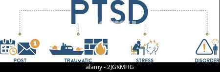 Banner del pittogramma di illustrazione vettoriale PTSD con parole chiave inglesi e icona e simbolo di post, traumatico, stress e disordine Illustrazione Vettoriale