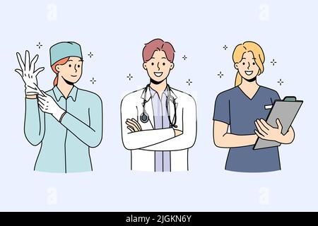 Set di diversi medici sorridenti in uniforme pronto a dare un servizio medico di buona qualità ai pazienti. Ritratto di raccolta di infermiera felice e chirurgo in clinica o ospedale. Medicina. Illustrazione vettoriale. Illustrazione Vettoriale