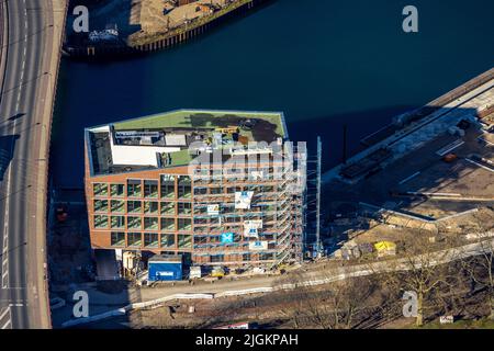 Vista aerea, cantiere Speicherstraße con nuovo edificio uffici al ponte Sunderweg nel porto di Dortmund, porto, Dortmund, zona Ruhr, Nort Foto Stock