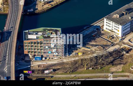 Vista aerea, cantiere Speicherstraße con nuovo edificio uffici al ponte Sunderweg nel porto di Dortmund, porto, Dortmund, zona Ruhr, Nort Foto Stock