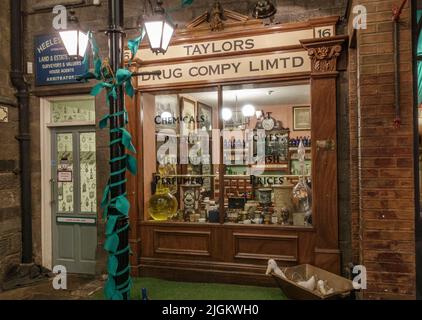 L'esterno del negozio ricreato 'Taylors Drug Compy Limmd' all'interno dell'Abbey House Museum, Kirkstall, West Yorkshire, UK. In mostra nel Regno Unito Foto Stock