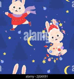 Il 2023 è l'anno del coniglio allo zodiaco cinese. Modello senza cuciture con simboli dell'anno, simpatico coniglietto con ghirlanda in Santa Hat e lepre in skates o maglione Illustrazione Vettoriale