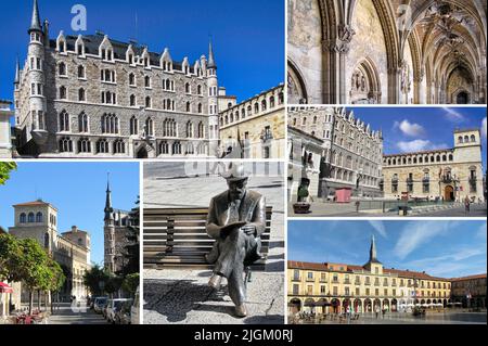 León, città spagnola, capitale della provincia omonima, rinomata per la sua architettura e il suo patrimonio artistico. Foto Stock