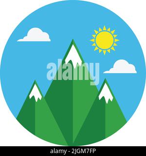 Logo piatto che mostra diverse montagne innevate, un cielo blu, il sole e alcune nuvole, disegnate su un perimetro circolare, colori brillanti. Ideale per i rappresentanti. Illustrazione Vettoriale