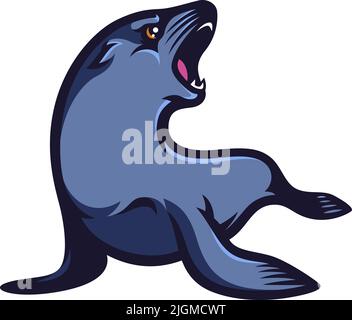 Aggressivo Lion Sea apre la sua bocca Cartoon personaggio Design Illustrazione Vettoriale