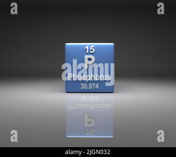 Cubo con tabella periodica numero fosforo 15, resa 3D Foto Stock