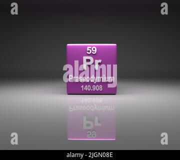 Cubo con numero di praseodimio 59 tavolo periodico, 3D rendering Foto Stock