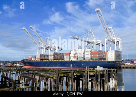 Seattle - 09 luglio 2022; nave container GSL violetta che scarica al terminal SSA 18 di Seattle Foto Stock