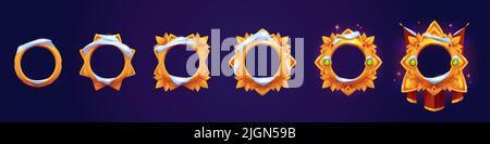 Vuoti telai di classifica oro per avatar di gioco isolati su sfondo. Set di cartoni animati vettoriali di badge premio con bordi a cerchio d'oro con gemme, pennino rosso e cappuccio di neve Illustrazione Vettoriale