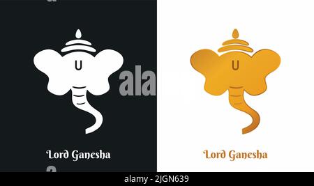 Lord Ganesha immagine vettoriale con icona del logo in bianco e oro. Festa indù Ganapati, Vinayaka disegno a mano isolato simbolo, segno e arte motivo Illustrazione Vettoriale