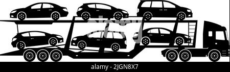 Carrier porta auto con silhouette su sfondo bianco. Le icone monocromatiche del veicolo consentono di impostare la vista laterale Illustrazione Vettoriale