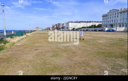 Hove , Brighton UK 12th Luglio 2022 - l'erba è arroccata su Hove Lawns , Brighton come il caldo tempo di sole continua in tutta la Gran Bretagna con una mancanza di pioggia nelle ultime settimane : Credit Simon Dack / Alamy Live News Foto Stock