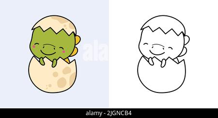Imposta Clipart Dinosaur Coloring Page e Coloured Illustration. Clip Art Kawaii Dino. Illustrazione vettoriale di un animale Kawaii per colorare pagine, stampe Illustrazione Vettoriale