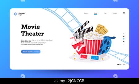 Pagina di destinazione del cinema. Film making e film biglietti teatro prenotazione sito web layout con fotocamera biglietto megaphone rocchetto clapper icone. Sito Web vettoriale Illustrazione Vettoriale