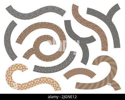 Marciapiede percorso pietra. Pavimentazione strada di piastrelle di mattoni ciottoli e cemento, esterno decorazione passerella giardino. Costruzione di pavimentazione del patio vettoriale Illustrazione Vettoriale