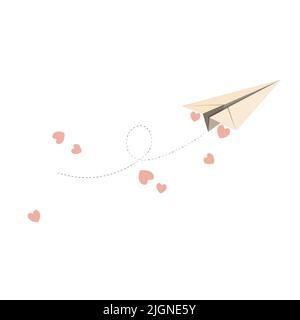 Aeroplano di carta volante con cuori e percorso aereo punteggiato. Biglietto di auguri per San Valentino, sfondo. Aereo di carta volante che trasporta l'amore. Vettore Illustrazione Vettoriale