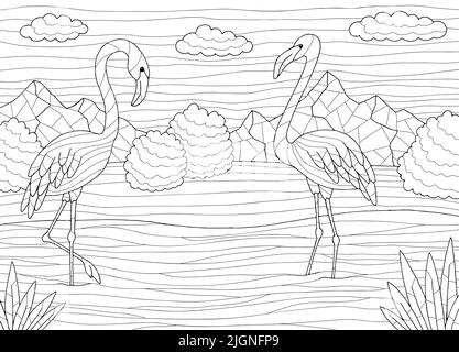 Flamingo colorazione grafica nero bianco lago paesaggio disegno vettore illustrazione Illustrazione Vettoriale