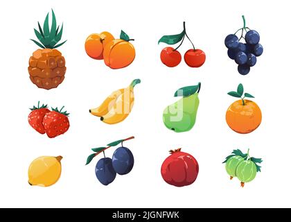 Frutta di gioco asset. Cartoon esotici frutti biologici collezione, 2D gioco sprite grafica di mela, albicocca fragola prugna pera banana limone uva. Vettore Illustrazione Vettoriale