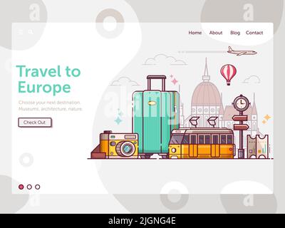 Banner di viaggio per Vacanze in Europa in Line Art Illustrazione Vettoriale