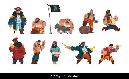 Personaggi pirata. Cartoon armato maschio banditi marinai, gruppo fantasy criminali marini con spade cannoni Spyglass e bandiera pirata. Vettore isolato Illustrazione Vettoriale