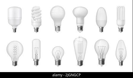 Lampadina realistica. Diversi tipi di lampadine a risparmio energetico, fluorescenti, alogene, incandescenti e a LED, idea Concept. Vettore 3D isolato Illustrazione Vettoriale