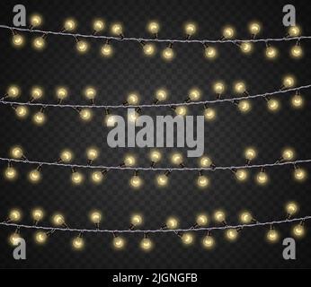 Lampadina luminosa realistica. Festa celebrazione 3D luce decorativa, Natale e decorazione notte incandescente festivo. Elementi grafici del bordo vettoriale Illustrazione Vettoriale
