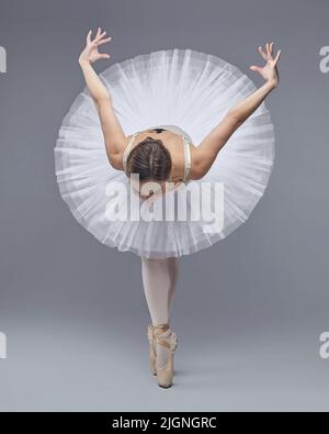 bella ballerina si pone con grazia in studio su uno sfondo bianco Foto Stock