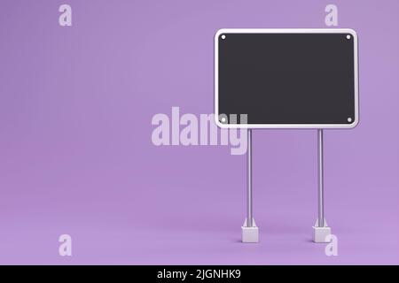 Bianco gesso asse strada stand mockup su sfondo viola. Due colonne in acciaio con cartoncino nero vuoto. Cartello con sagoma in metallo argento. 3 Foto Stock