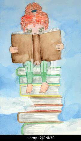 Bambina con capelli rossi che legge su un libro pile in cielo blu nuvoloso - illustrazione Watercolor Illustrazione Vettoriale