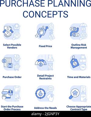 Set di icone concettuali blu chiaro per la pianificazione degli acquisti Illustrazione Vettoriale
